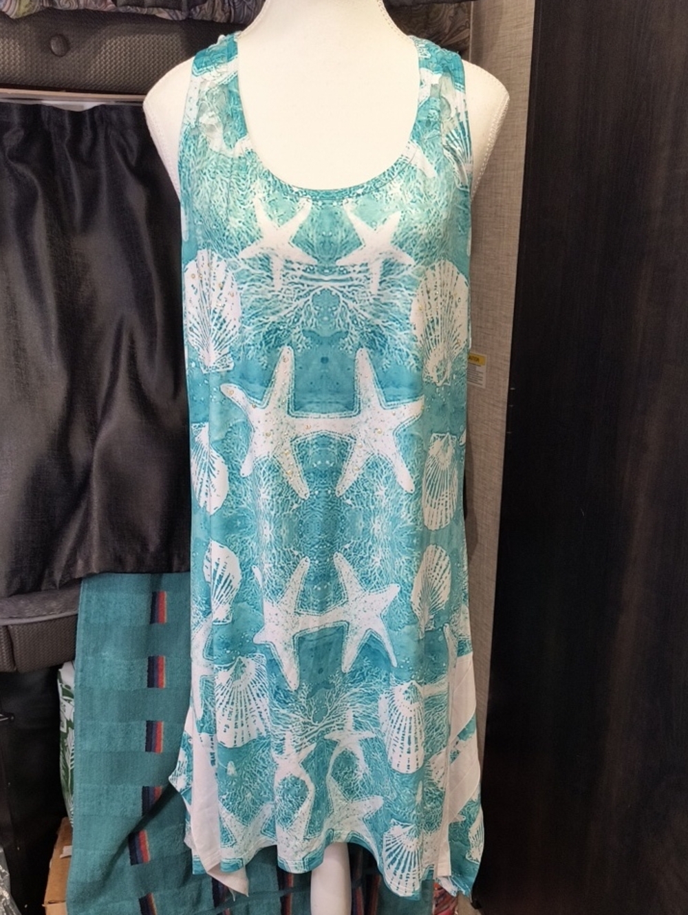 India Boutique Turquoise/White Shell-Print Beach Cover Up, Nighty, Dress, OS